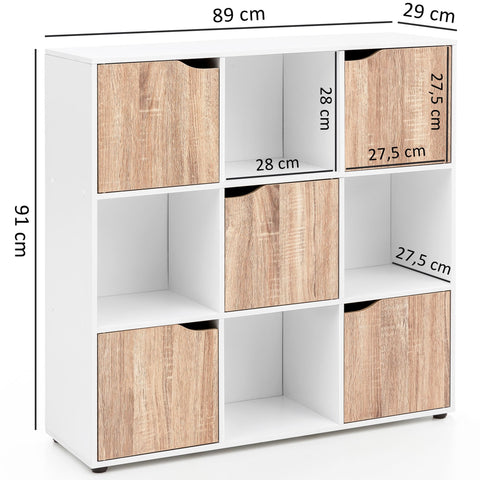 Rootz Bookcase - Sonoma - 9-Compartments - Modern Cube Shelf with Doors - Room Divider and Storage - Living Room Shelf - 89x91x29cm