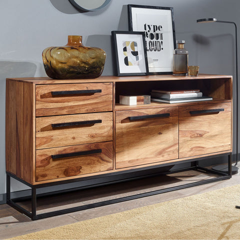 Rootz Wine Rack - Industrial Sideboard - Solid Sheesham Wood and Metal - Drawer Cabinet Home Bar - 165x80x40 cm