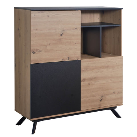 Rootz Highboard Chest of Drawers - Oak Decor with Black MDF - Modern Freestanding Sideboard with 3 Doors and Shelf - Metal Legs - 110x129x40 cm