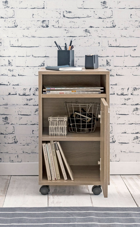 Rootz Roll Container Sonoma - Drawer Cabinet for Office - Desk Container with Door & Tray - Side Container on Casters - Small Office Storage - (33x60x38 cm)