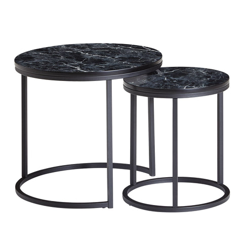 Rootz Round Side Tables - Set of 2 Black Marble Look - Metal Frame Coffee Table - Modern Nesting Tables for Small Living Room