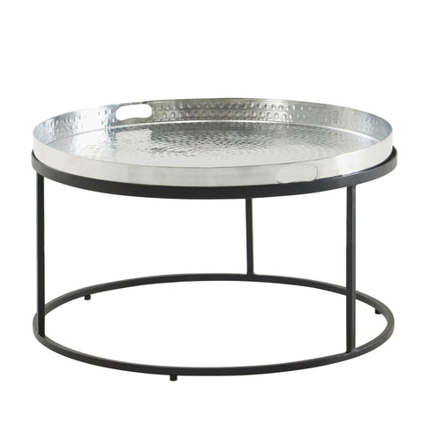 Rootz Coffee Table - Silver & Black Aluminum - Removable Round Tray - Modern Design - Hammered Metal - 62x62x36 cm