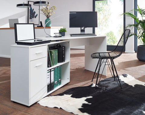 Rootz Eckschreibtisch mit Regal – Weißes Design – Moderner Büroschreibtisch für Arbeitszimmer und Heimbüro – 120 x 75,5 x 106,5 cm 