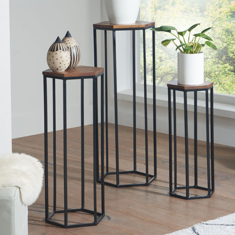 Rootz Beistelltisch 3er-Set Sheesham Massivholz - Satztisch aus Metall sechseckig - Wohnzimmertisch Anbautisch Industrial - 3-teiliger Couchtisch Wohnzimmer - Holztisch Blumenhocker 