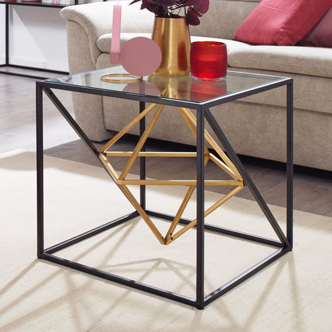 Rootz Black and Gold Coffee Table - Glass & Metal - Modern Design - Small Square Cube Table - 46x46x46 cm