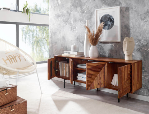 Rootz TV Stand - Lowboard - TV Dresser with Four Doors - Modern TV Cabinet - Living Room TV Stand - Solid Sheesham Wood -140x54x33 cm