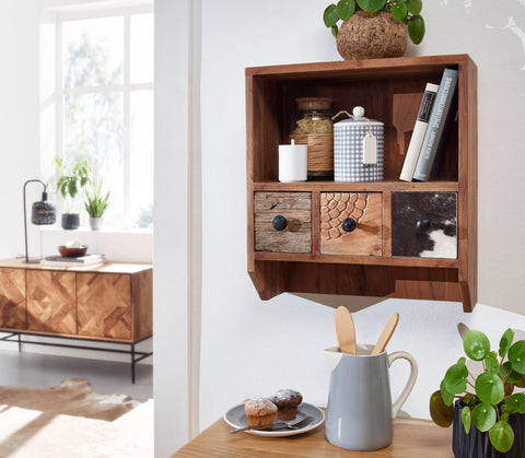 Rootz Floating Spice Rack - Small Design with Drawers - Wall Hanging Shelf - Solid Acacia Wood - 45x50x20 cm