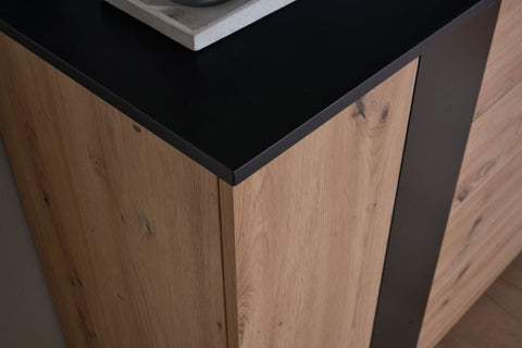 Rootz Sideboard - Oak Decor - Black MDF - 4-Drawer Chest of Drawers - Modern Hall Cabinet with Door - Floor Standing Cabinet with Metal Legs - 110x87x40 cm