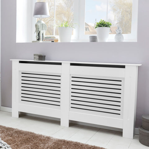 Rootz Radiator Cover - Matt Lacquered - Design Heater Panel - Wood Slats - Protection for Heating Radiator - White - 78x82x19cm