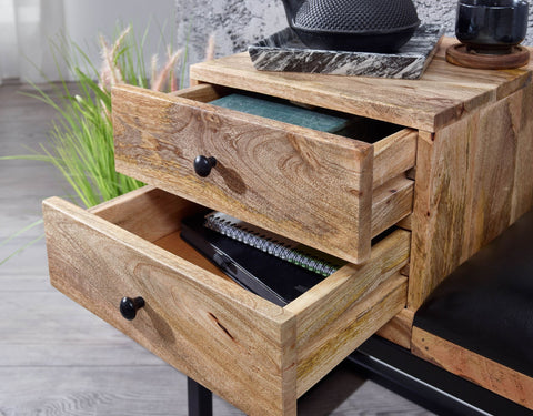 Rootz Goatskin Bench - Retro Style Solid Wood Bench - Metal Hallway Upholstered Bench with Storage - Black Padded Leather Storage Bench - Small Hallway Bench - 100x60x35 cm