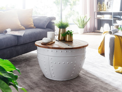 Rootz Industrieller runder Couchtisch – Mangoholz und Metall – Weiß – Design-Wohnzimmertisch mit Stauraum – Moderner Lounge-Sofatisch – 60 x 36 x 60 cm