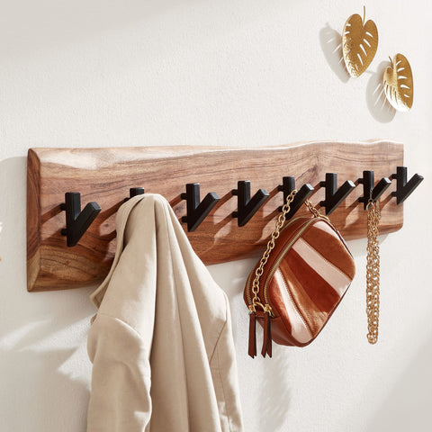 Rootz Coat Rack - Acacia Solid Wood with Metal - Wall-Mounted Hook Rail - Wood Hall Coat Rack - 90x19x9cm