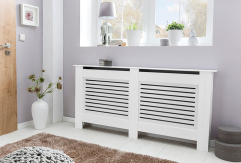 Rootz Radiator Cover - Matt Lacquered - Design Heater Panel - Wood Slats - Protection for Heating Radiator - White - 78x82x19cm