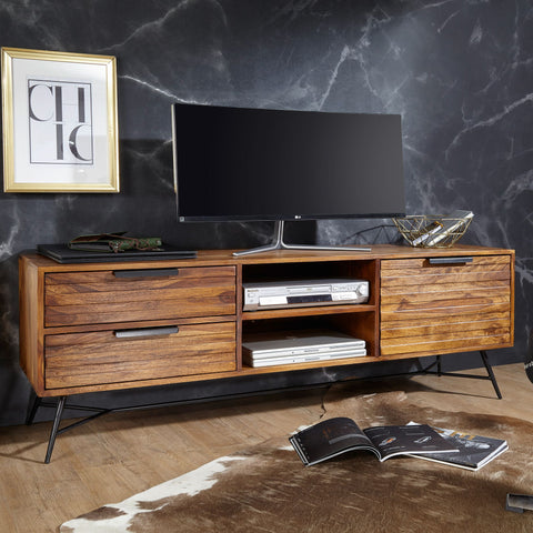Rootz TV Chest - Lowboard - Sheesham Wood - Design Hi-Fi Board with Storage and Drawers - Industrial TV Chest - 160x54x40cm