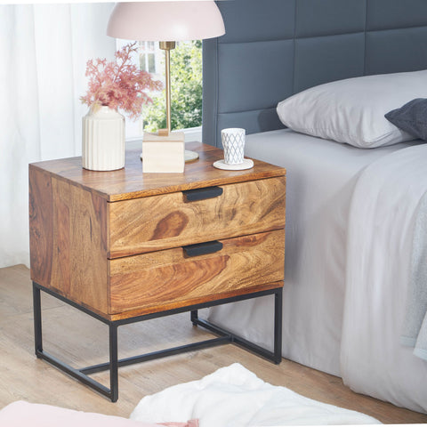 Rootz Industrial Design Bedside Table - 2 Drawers - Storage Space - Solid Sheesham Wood & Metal - 50x40x51 cm