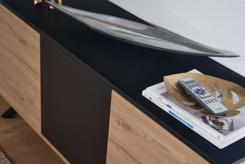 Rootz Sideboard - 3-Door Chest of Drawers - Modern Hall Cabinet - Floor Standing Cabinet with Metal Legs - Oak Decor - Black MDF - 135x64x40 cm