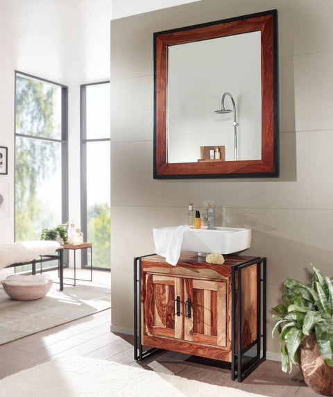 Rootz 2-Door Bathroom Cabinet - Solid Sheesham Wood - 68x63x42 cm - Industrial Style Standing Base Cabinet - Midi-Sized Small Bathroom Cabinet