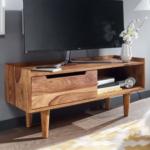 Rootz TV Stand - Lowboard - TV Dresser with Sliding Door - Modern TV Cabinet - Living Room TV Stand - Solid Sheesham Wood - 95x44x34 cm