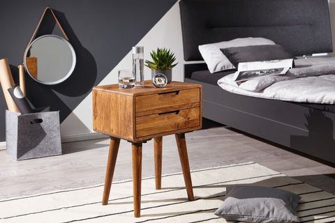 Rootz Bedside Table - Sheesham Wood - 2 Drawers - Country Style - Modern Nightstand for Boxspring Beds - 47x66x36cm