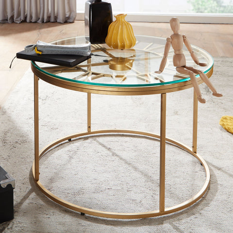 Rootz Gold Coffee Table with Decorative Clock - Glass & Metal - Modern Design - Small Round Table - 60x60x43 cm