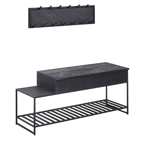 Rootz Bench with Wall Wardrobe - Industrial Design Wardrobe Set for Hallway - Storage Bench with Shoe Rack - Hall Bench with Seat - Mango Wood - Black - 110 cm