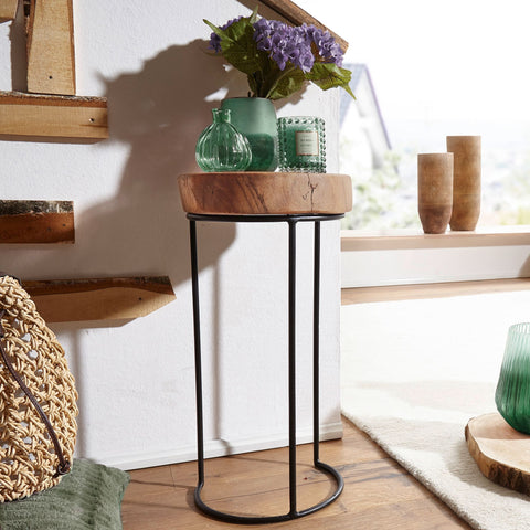 Rootz Side Table -  Solid Wood Acacia - Metal Legs - Country House Style - Tree Trunk Shape - Natural and Real Wood