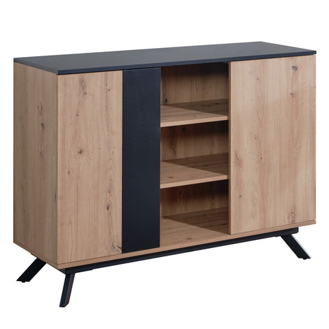 Rootz Sideboard - Oak Decor - Black MDF - 2-Door Chest of Drawers - Modern Hall Cabinet - Floor Standing Cabinet with Metal Legs - 110x87x40 cm
