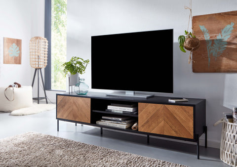 Rootz TV Stand - Lowboard - TV Dresser with Two Doors - Modern Design TV Cabinet - Living Room Black Wood - Oak Decor - 163x45x40 cm