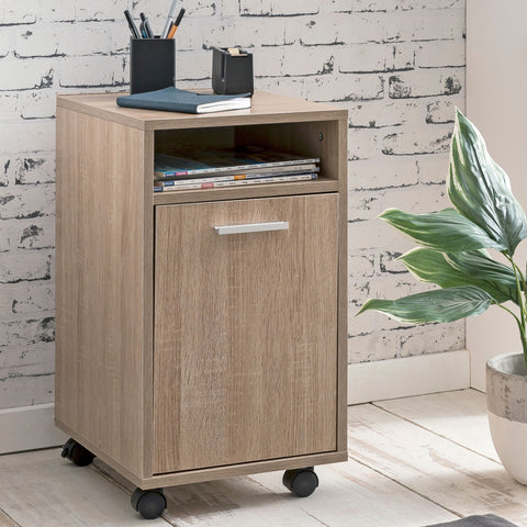 Rootz Roll Container Sonoma - Drawer Cabinet for Office - Desk Container with Door & Tray - Side Container on Casters - Small Office Storage - (33x60x38 cm)