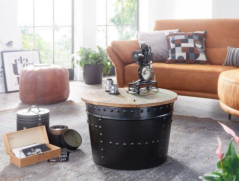 Rootz Industrieller runder Couchtisch – Mangoholz und Metall – Schwarz – Design-Wohnzimmertisch mit Stauraum – Moderner Loungetisch – 60 x 40 x 60 cm