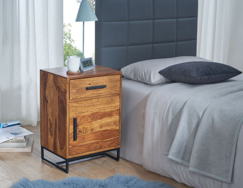 Rootz Industrial Bedside Table - Design with Drawer and Door - Storage Space for Box Spring Beds - Solid Sheesham Wood-Metal - 45x35x65cm