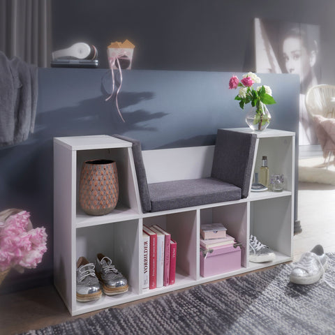 Rootz Design Shelf with Seat - Freestanding Shelf with Gray Seat Cover - Bench with 6 Compartments - White Matt - 101.5 x 61.5 x 30 cm