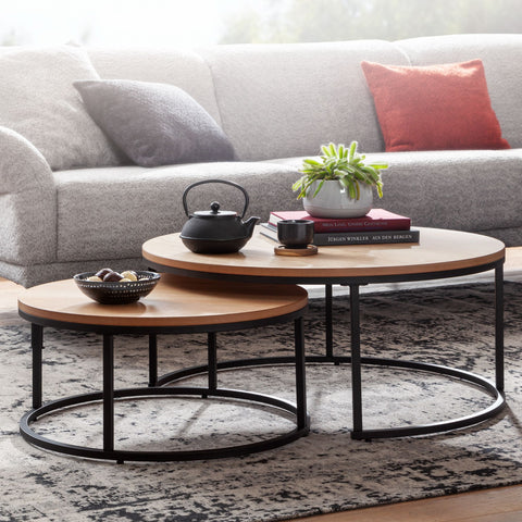 Rootz Coffee Tables - Wood-Metal Round Coffee Tables - Modern Oak Design - 2-Part Side Table - Set of 2 Living Room Nesting Tables