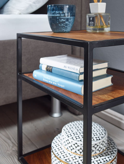 Rootz Bedside Table - High Side Table with Shelf - Design Nightstand for Box Spring Bed - Industrial Coffee Table with Storage - Sheesham Wood - Metal - 40x50x35 cm