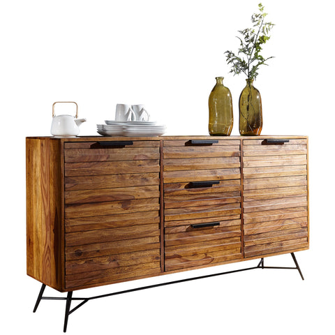 Rootz Sideboard – Sheesham-Holzdesign – Türen und Schubladen – Industriestil – Massivholzschrank – 160 x 40 x 88 cm 