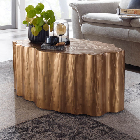 Rootz Tree Trunk Coffee Table - Modern Design - Large Living Room Table - Gold Metal - 80x45x35 cm
