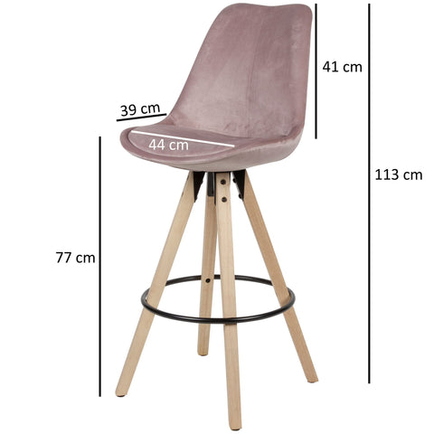Rootz Bar Stools - Pink Velvet - Solid Wood - Scandinavian Design (2 Pieces) - Set of 2 - Counter Stools with Backrest - Seat Height 77cm