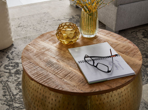Rootz Round Coffee Table - Storage Space - Removable Top - Modern Design - Gold - Mango Wood & Metal - 60x60x40 cm