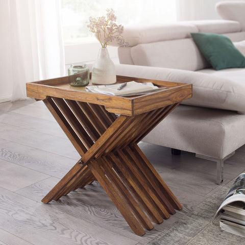 Rootz Folding Table - Sheesham - Solid Wood Design with Serving Tray - Foldable Country Style Table