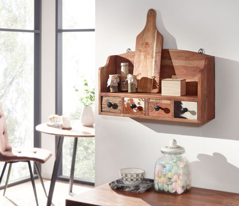 Rootz Floating Spice Rack - Small Design with Drawers - Wall Hanging Shelf - Solid Acacia Wood - 60x36x18 cm