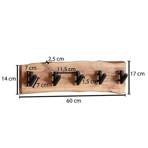 Rootz Coat Rack - Acacia Solid Wood with Metal - Wall-Mounted Hook Rail - Wood Hall Coat Rack - 60x17x9cm