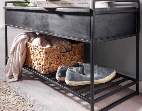Rootz Storage Bench - Mango Solid Wood - Black Metal Hallway Bench - Small Shoe Bench with Seat - Narrow Entryway Bench with Shoe Rack - 90x52x38 cm