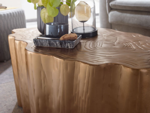 Rootz Tree Trunk Coffee Table - Modern Design - Large Living Room Table - Gold Metal - 80x45x35 cm