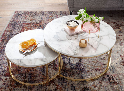 Rootz Couchtische – Weißgold-Marmoroptik – Set mit 2 runden modernen Couchtischen – 2-teiliges Metall – Design-Satztische 