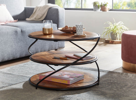 Rootz Coffee Table - Metal with Storage - Modern Living Room Table - Small Round Side Table - Solid Sheesham Wood -  58x58x40.5 cm