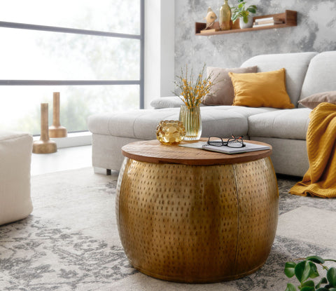 Rootz Round Coffee Table - Storage Space - Removable Top - Modern Design - Gold - Mango Wood & Metal - 60x60x40 cm
