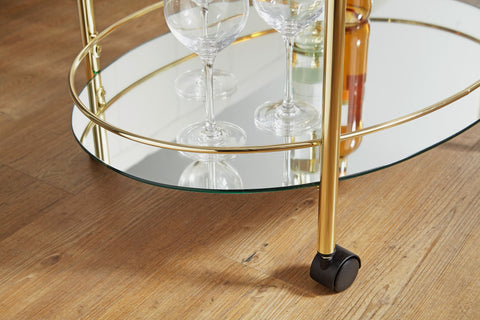 Rootz Serving Trolley - Mobile Mini Bar - Side Table on Wheels - Dining Car with White Glass Top - Kitchen and Tea Trolley - Gold - 67x79cm