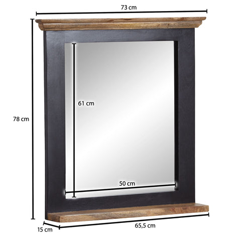 Rootz Bathroom Mirror - Design Wall Mirror with Shelf - Modern Hanging Mirror - Mango Wood - Black - 73x78x15 cm