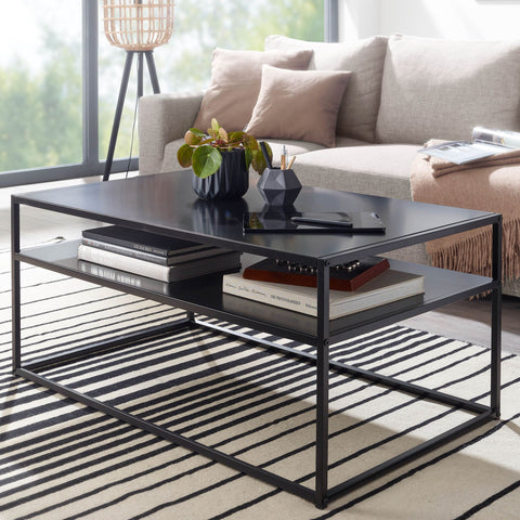 Rootz Coffee Table - Steel Coffee Table with Storage - Square Lounge Table with Storage Compartment - Industrial Black - 100x60x45 cm