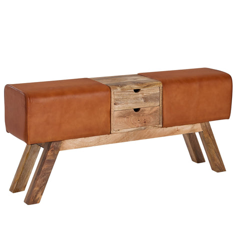 Rootz Turnbock Bench - Bank met Laden - Gymkruk met Opbergruimte - Bruin Leer - 120x56x30 cm